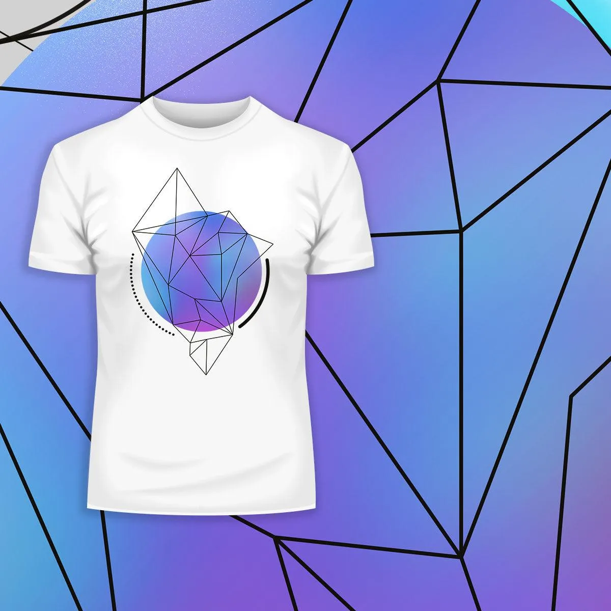 Abstract Blue Gradient Sphere T-Shirt with Geometric Polygon Line Art on Black