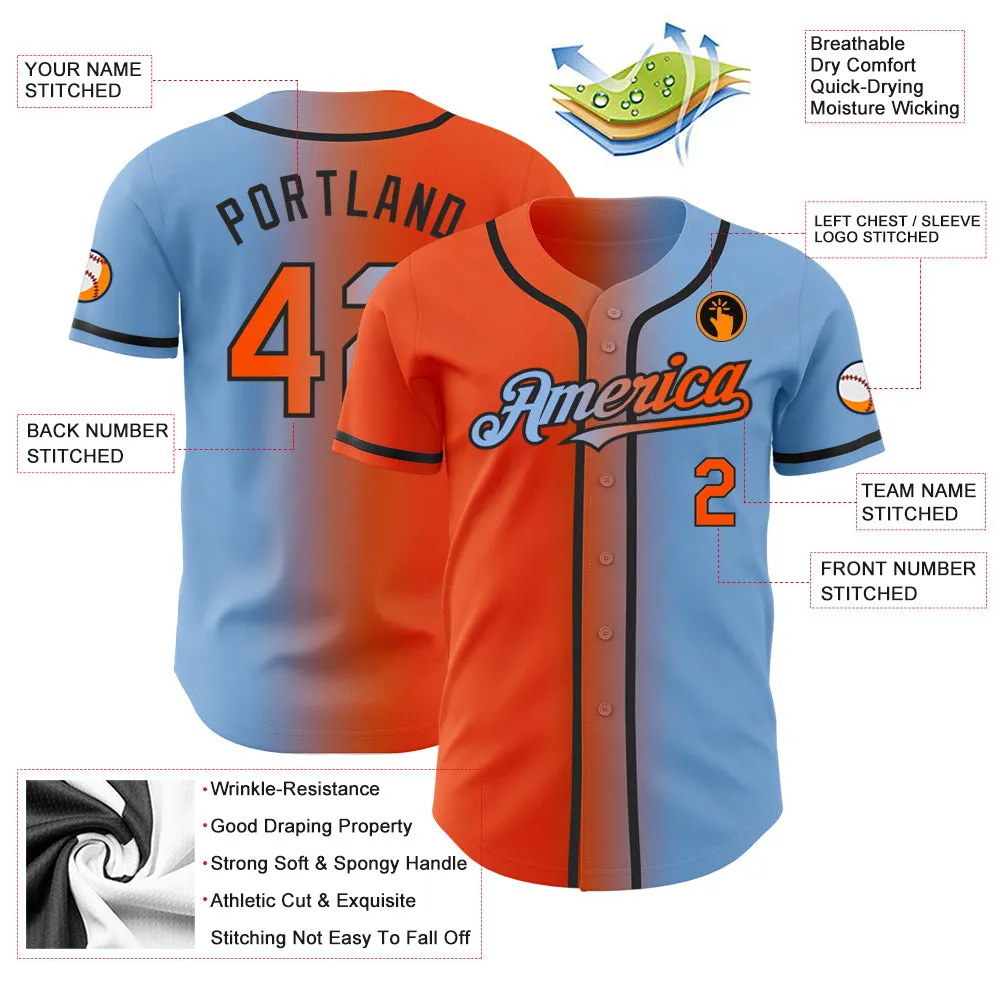 Custom Light Blue Orange-Black Authentic Gradient Fashion Baseball Jersey