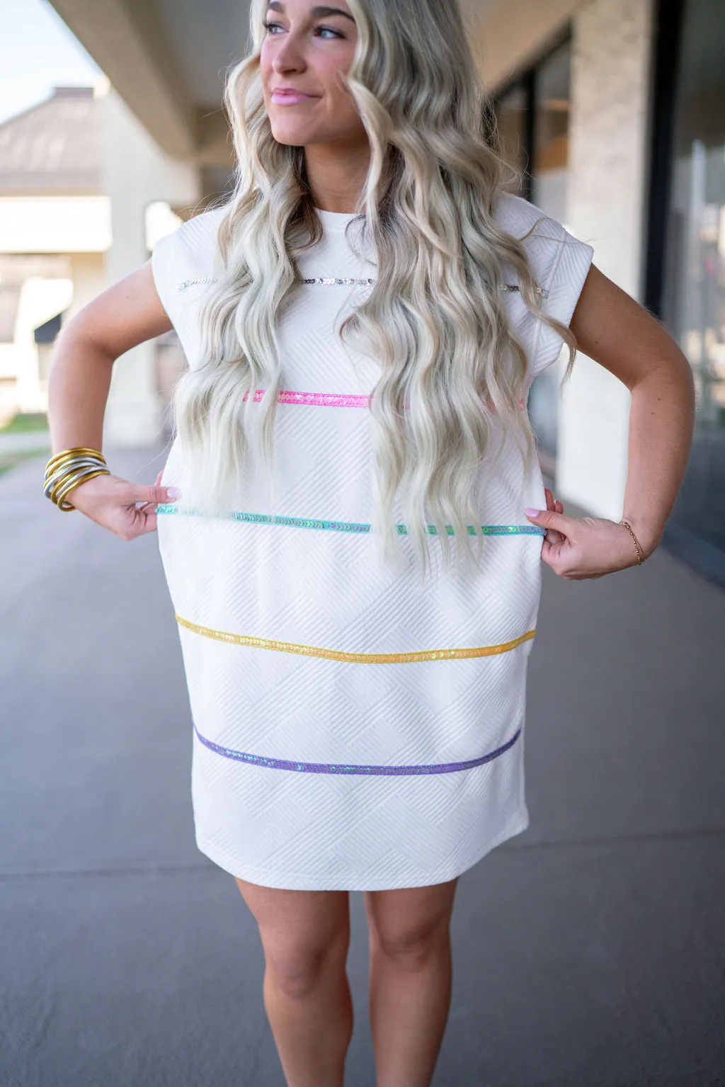 Sequin Stripes Off White Dress